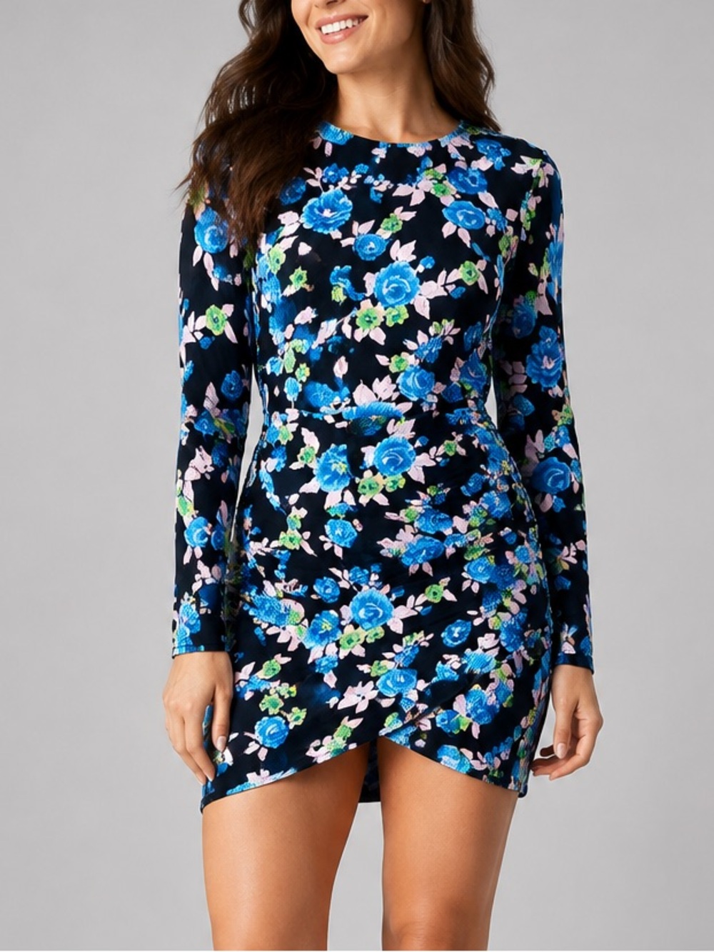 🆕🍀🦋🌿Zara Blue Floral Open Back Mini Dress XS Long Sleeve Ruched Chic Party